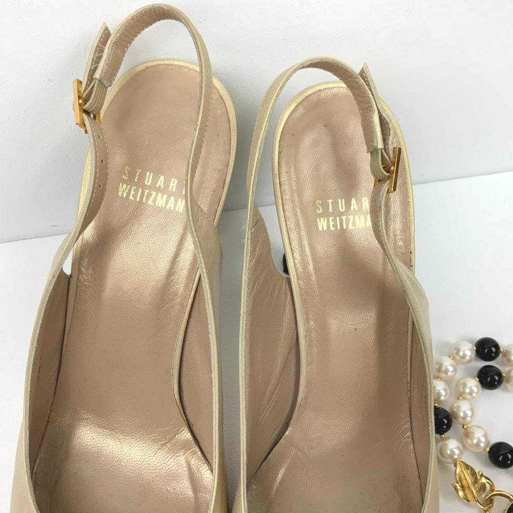 Stuart Weitzman Leather Metallic Gold Slingback Peep Toe Heels Sz 9 - Picture 6 of 16